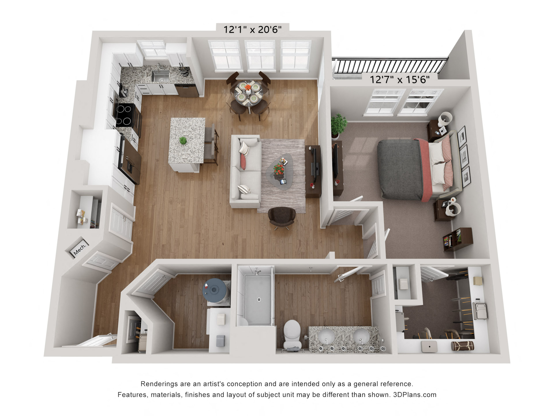 Floor plan for 1 bed, 1 bath, 885 sqft